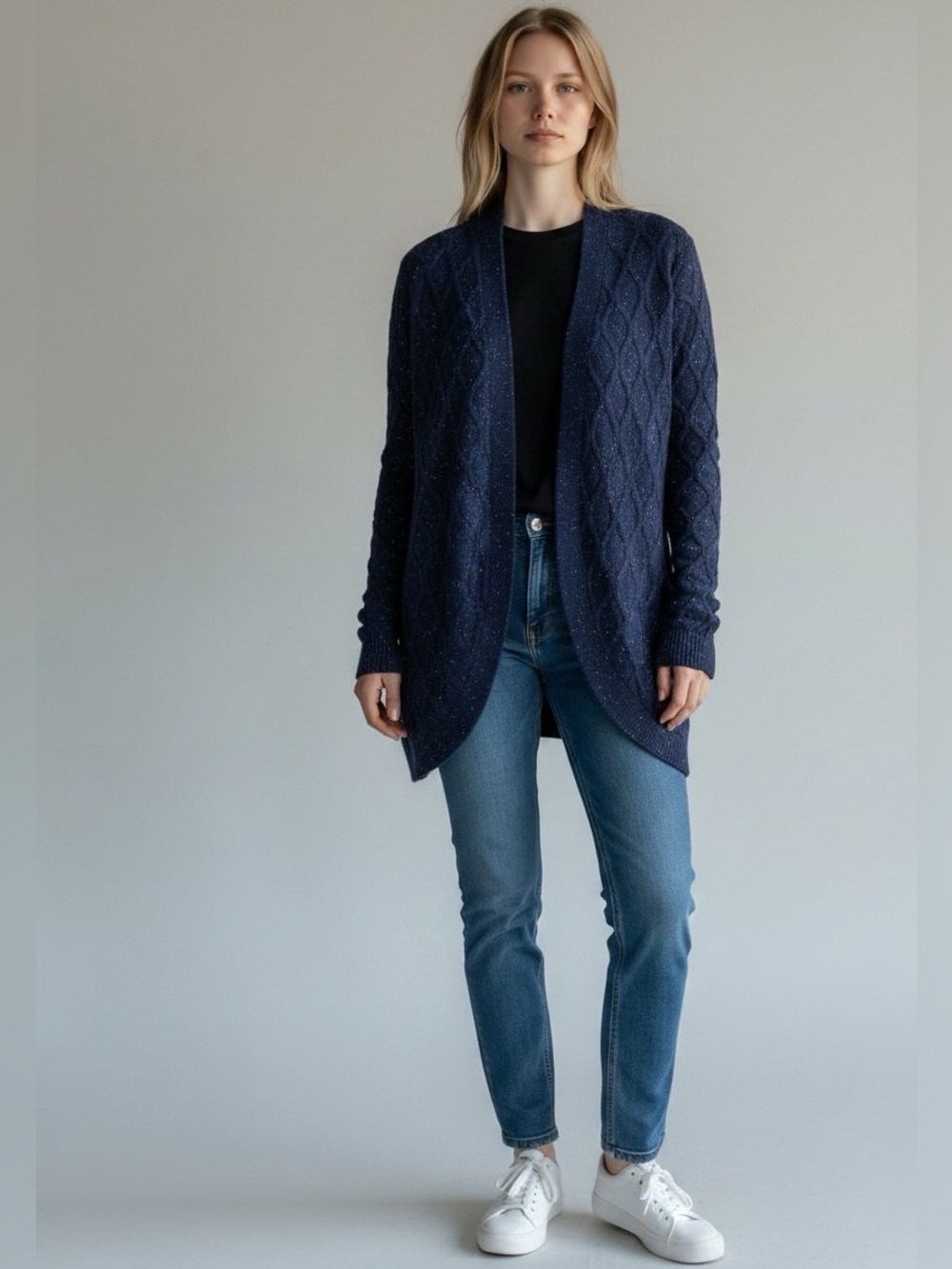 Talbots | Navy Blue & Multi Flecked Open Cardigan Sweater Size Large